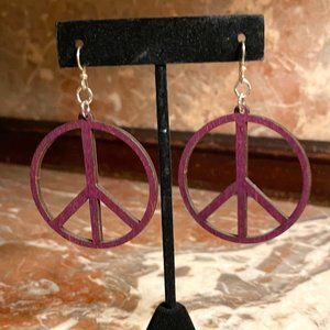 HIPPIE Purple Wooden Peace Sign Dangle Earrings